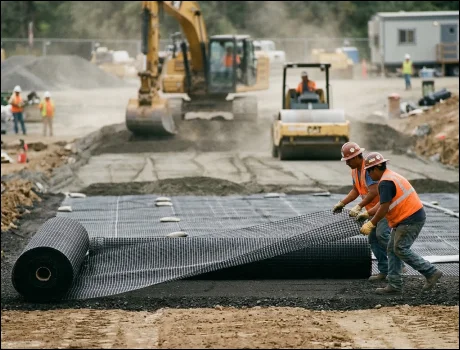 Geogrid installed for basal reinforcement to strengthen weak foundation soils and improve ground stability