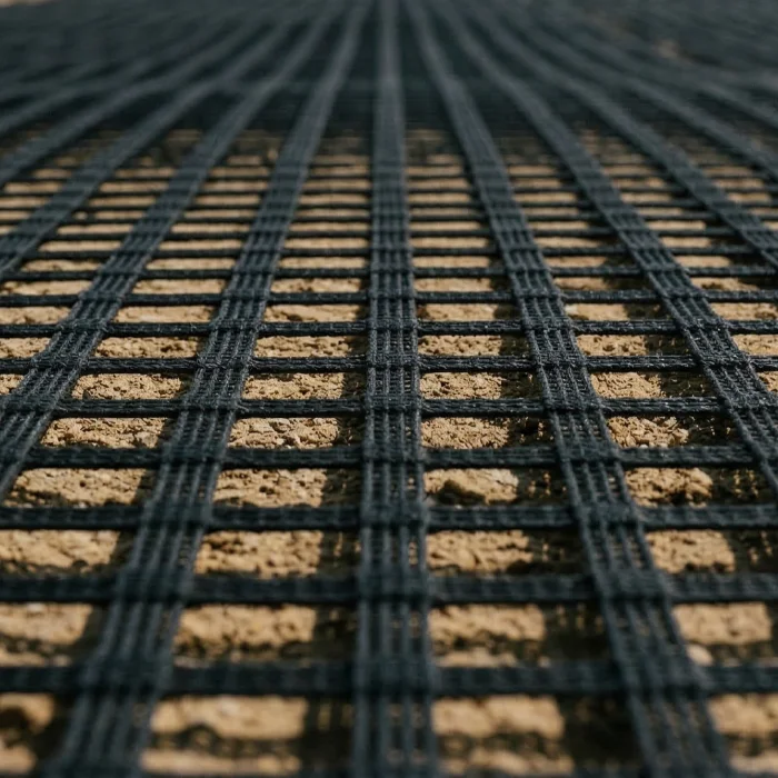 Close-up of geogrid material used for soil reinforcement and ground stabilization