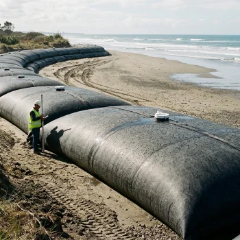 Close-up of a geotextile tube used for dewatering, sediment containment, and shoreline protection