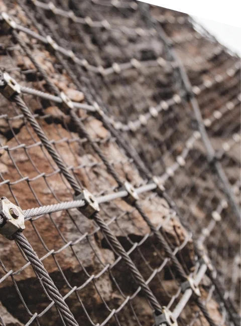 Close-up of high-tensile rockfall netting designed for slope protection and rockfall mitigation