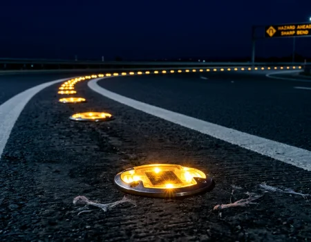 Road curve equipped with solar road studs to increase driver awareness and hazard visibility