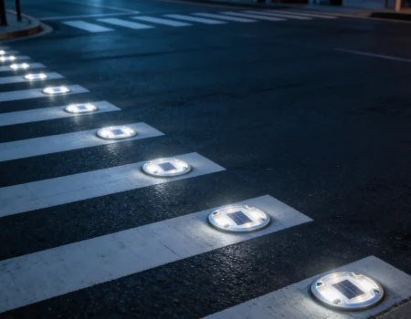 Pedestrian crossing enhanced with solar road studs to improve nighttime visibility and safety