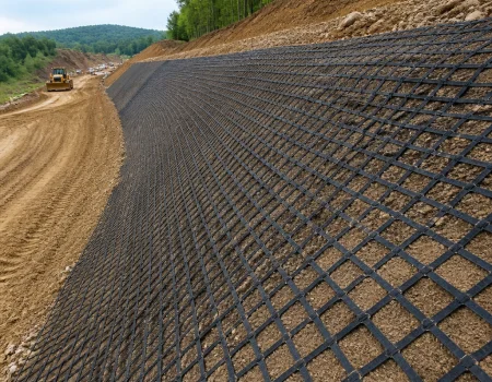 Steep soil slope and embankment reinforced with geogrid for long-term slope stability and erosion resistance