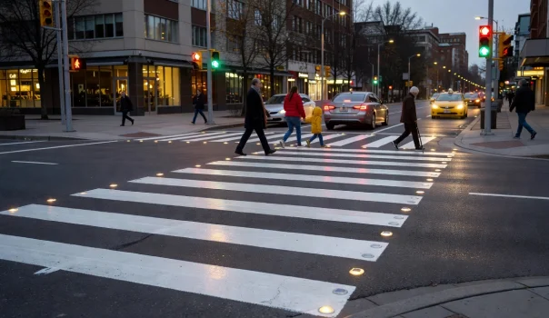 Solar road studs enhancing pedestrian crossing visibility and nighttime road safety