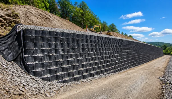 Retaining wall application reinforced with geosynthetic materials for long-term structural stability
