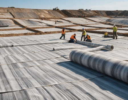 Geosynthetic clay liner installed for landfill containment to prevent leachate migration and protect the environment